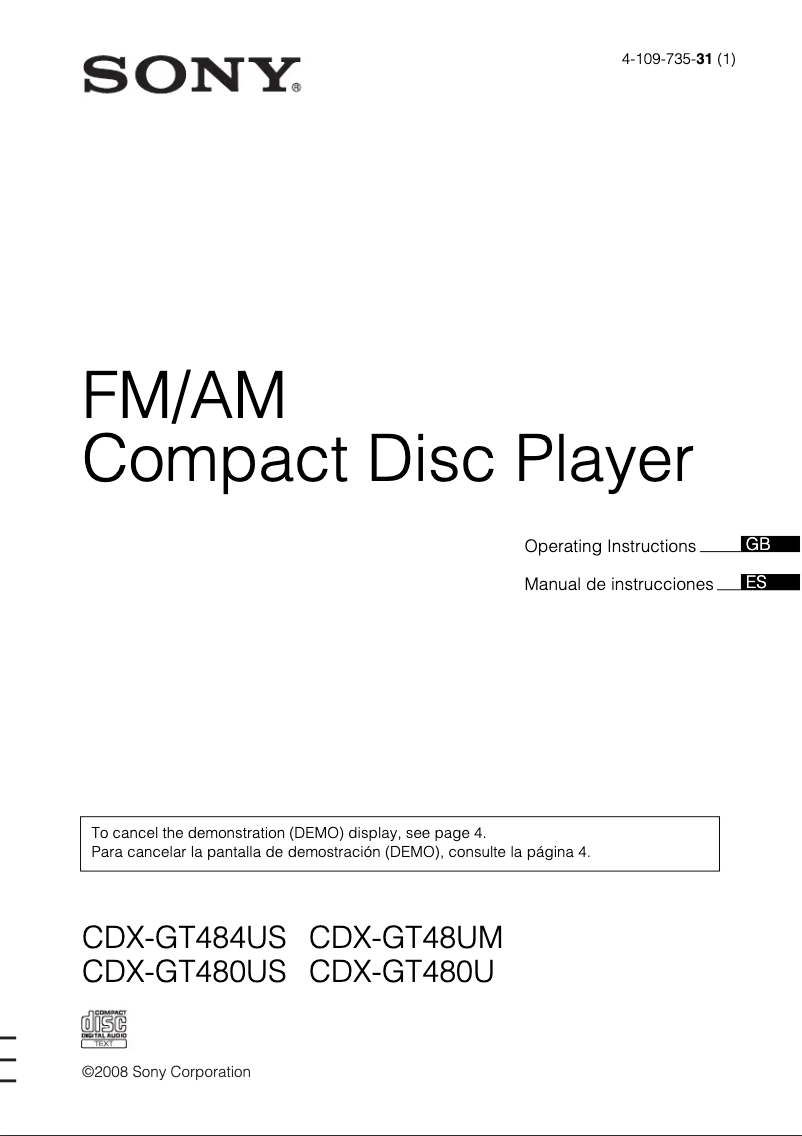 Imagen de la primera página del manual del dispositivo CDX-GT480US