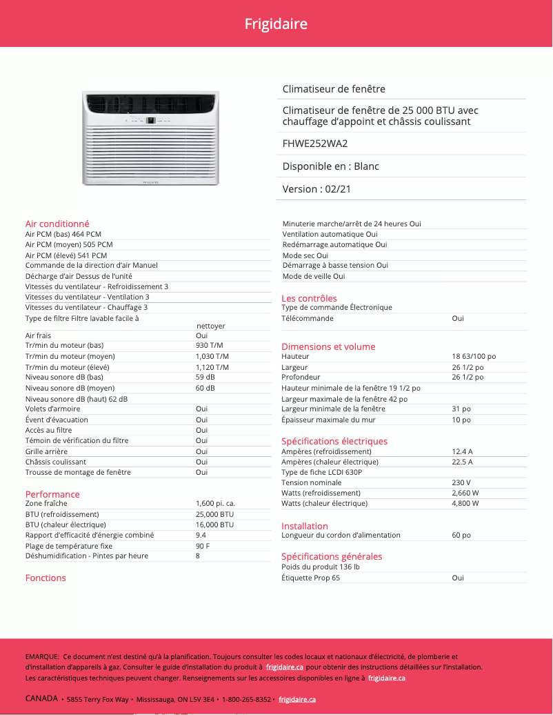 Página 1 del manual Ficha técnica Frigidaire FHWE252WA2