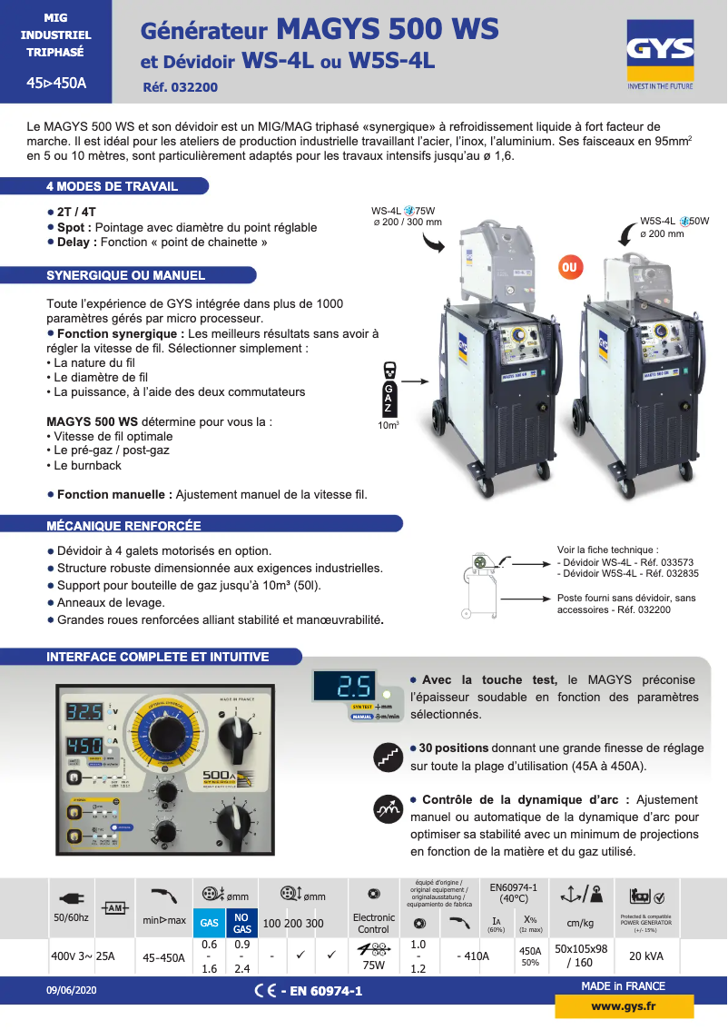Página 1 del manual Ficha técnica GYS Magys 500 WS