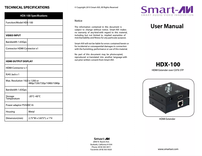 Imagen de la primera página del manual del dispositivo HDX-RX100S