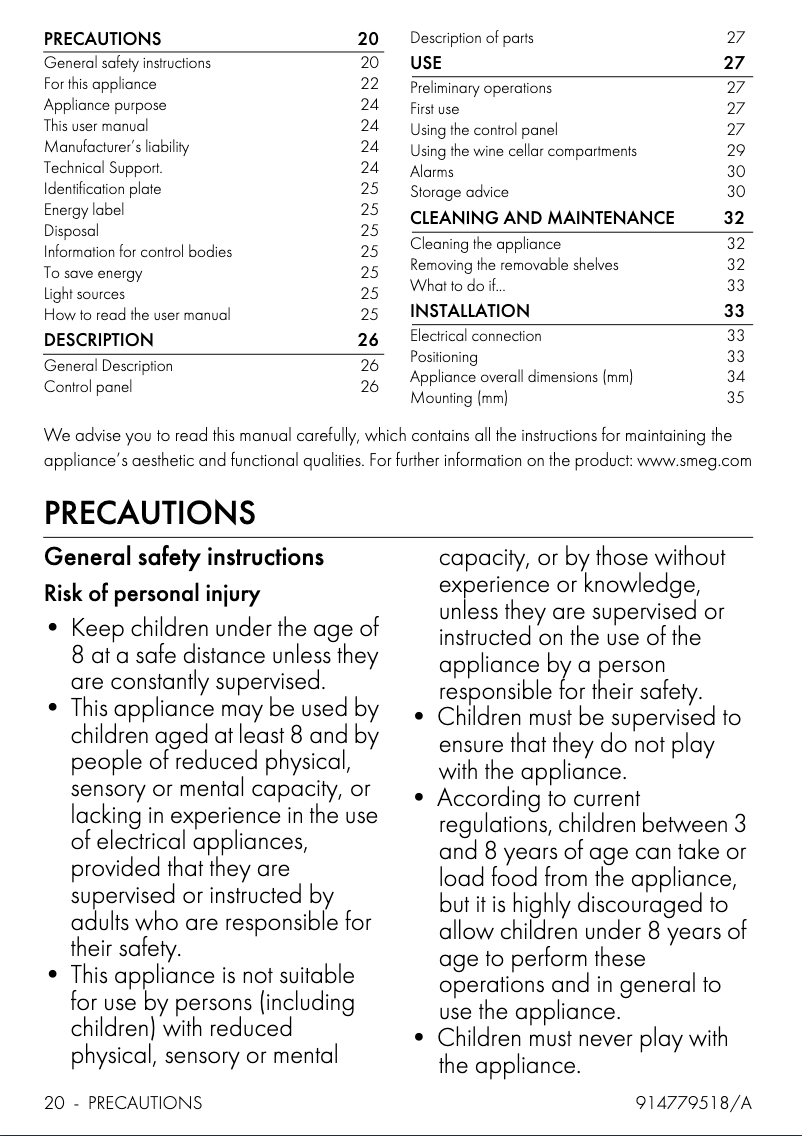 Página 1 del manual Folleto Smeg CVI138LS3