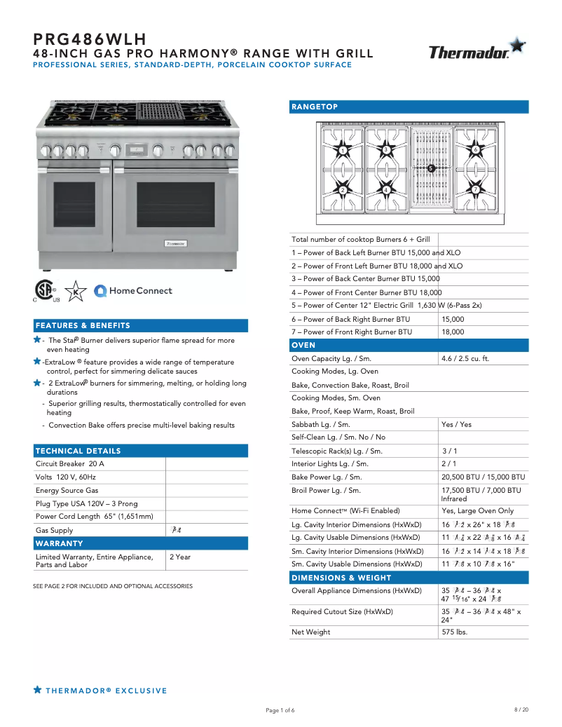 Página 1 del manual Ficha técnica Thermador PRG486WLH