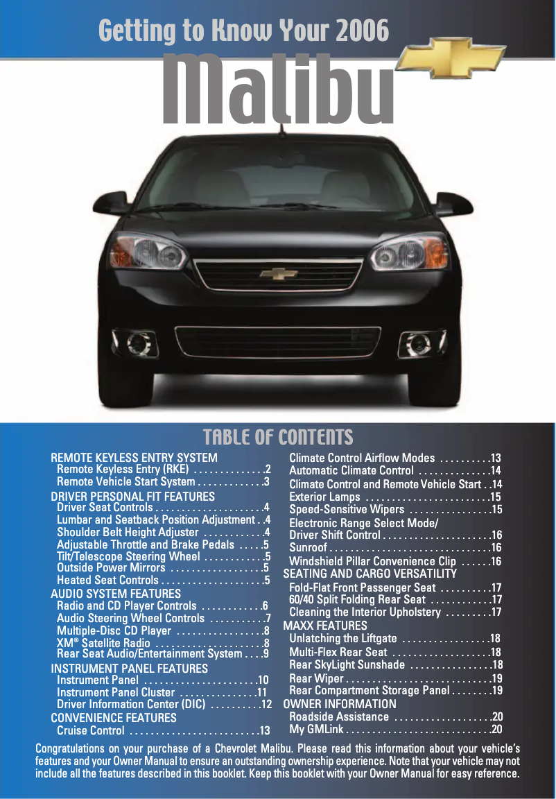 Imagen de la primera página del manual del dispositivo Malibu Maxx (2006)