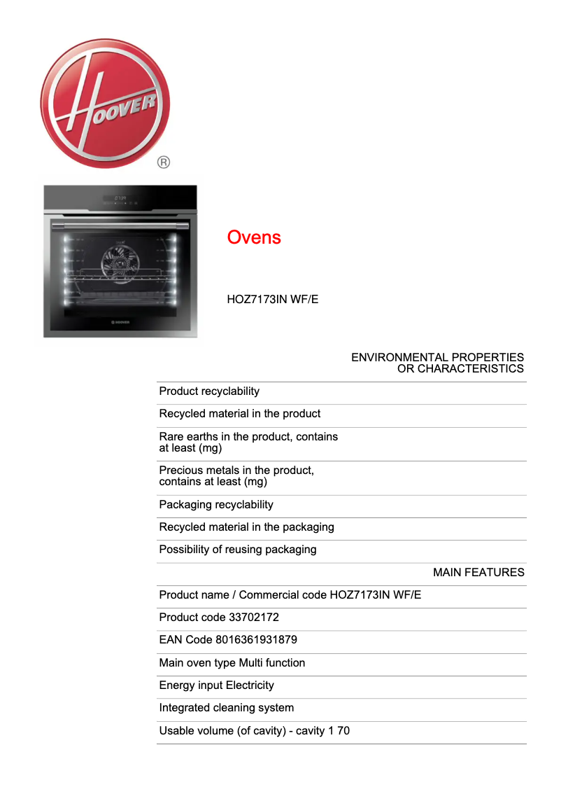 Imagen de la primera página del manual del dispositivo H-OVEN 500 PLUS HOZ7173IN WF/E