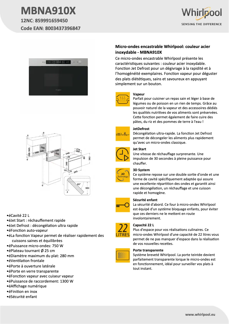 Página 1 del manual Ficha técnica Whirlpool MBNA910X