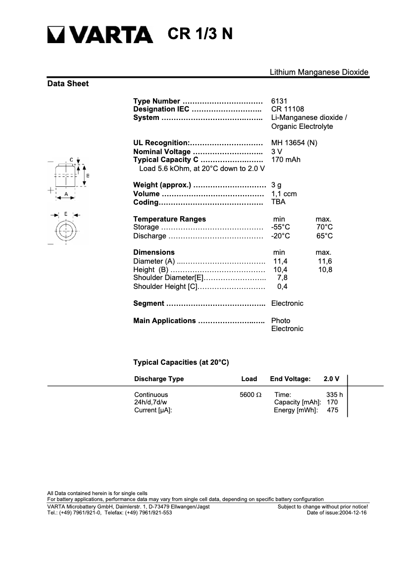 Página nº 1 - Manual de usuario Varta CR 1/3 N Primary Lithium Button