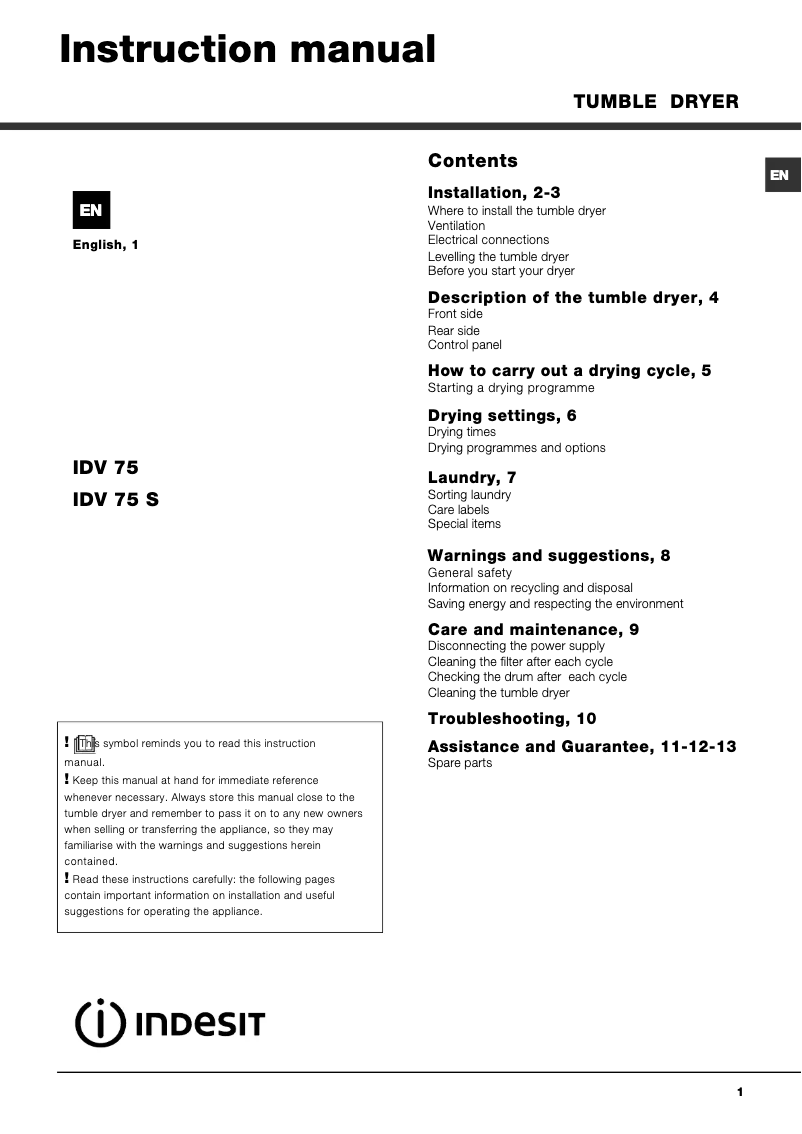Imagen de la primera página del manual del dispositivo IDV 75 (UK)
