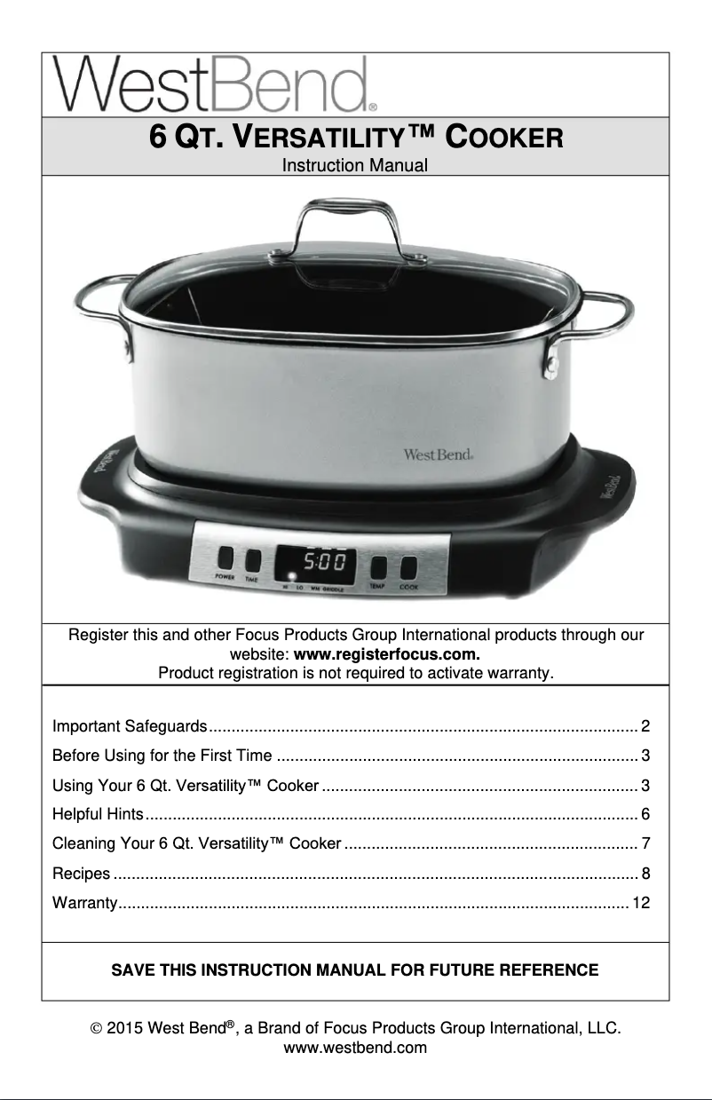 Página 1 del manual Manual de usuario WestBend Versatility 84966RT