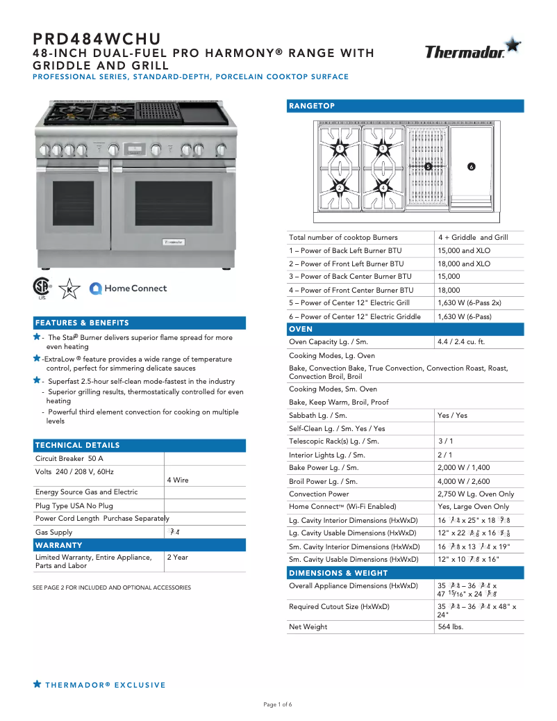 Página 1 del manual Ficha técnica Thermador PRD484WCHU