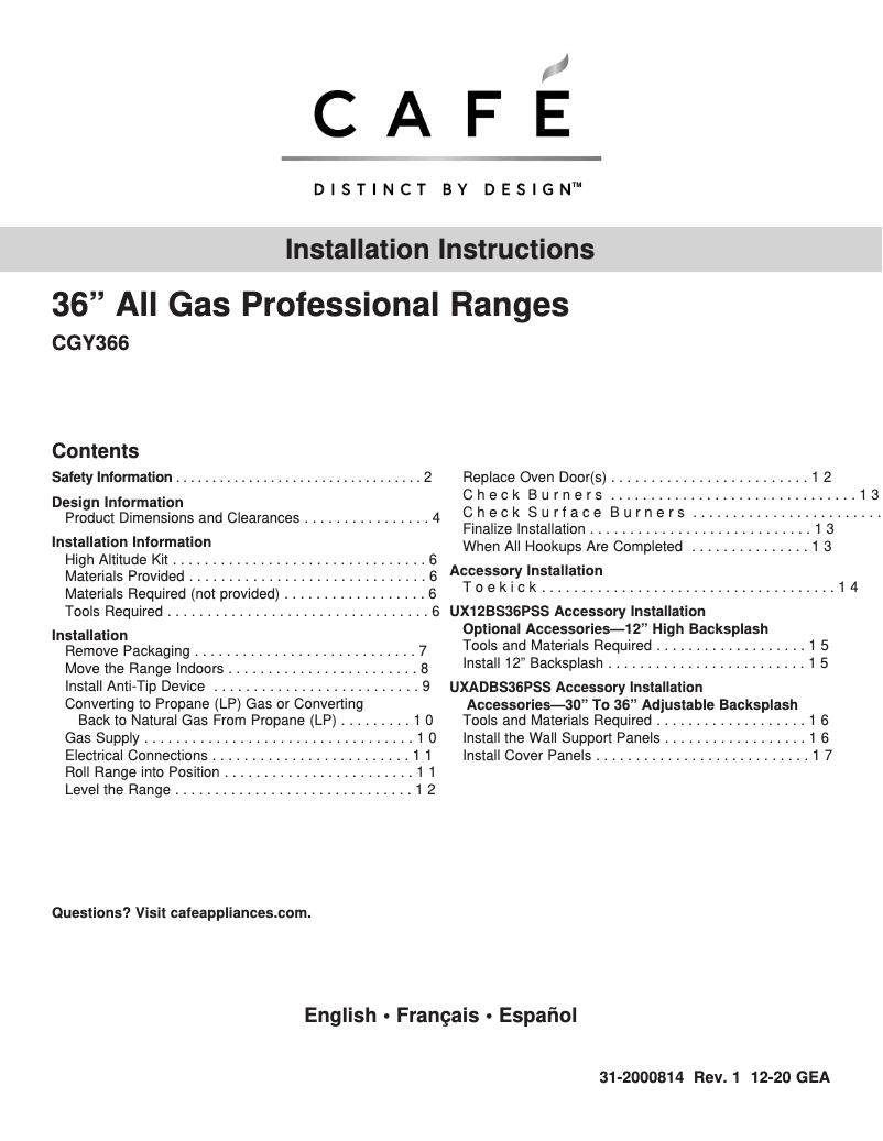 Página 1 del manual Guía de instalación GE Café CGY366P4TW2