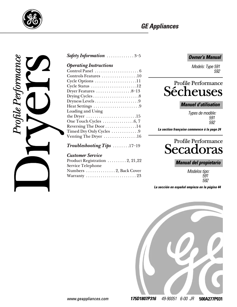 Página 1 del manual Manual de uso y mantenimiento GE Profile Wizard DPSE592GAWW