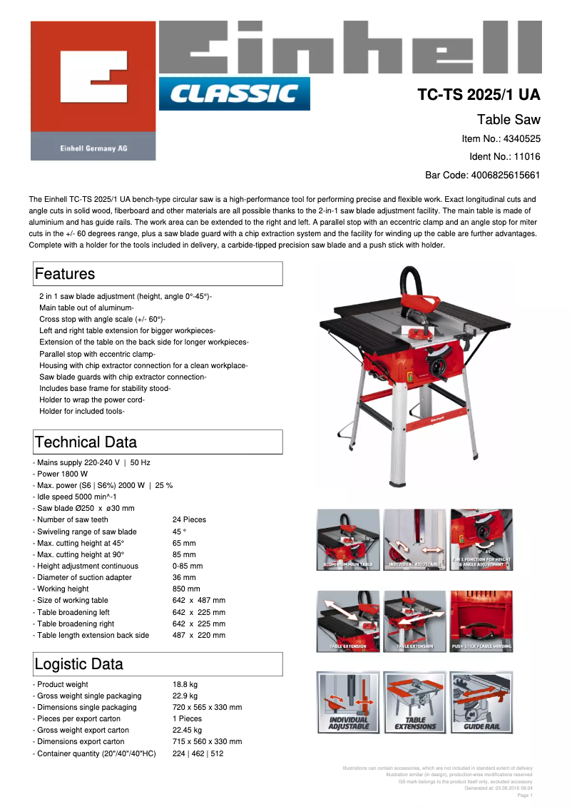 Página 1 del manual Ficha técnica Einhell TC-TS 2025/1 UA