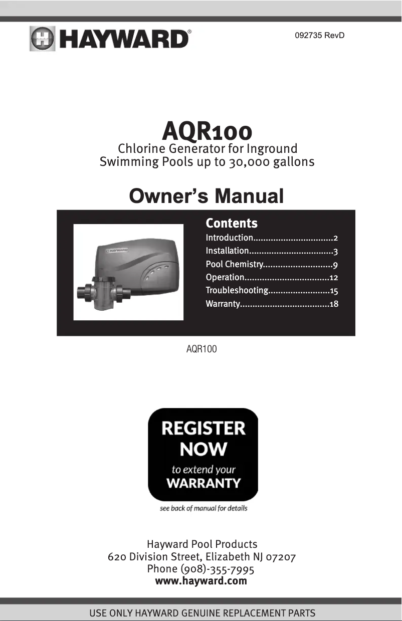 Página 1 del manual Folleto Hayward AquaRite 100