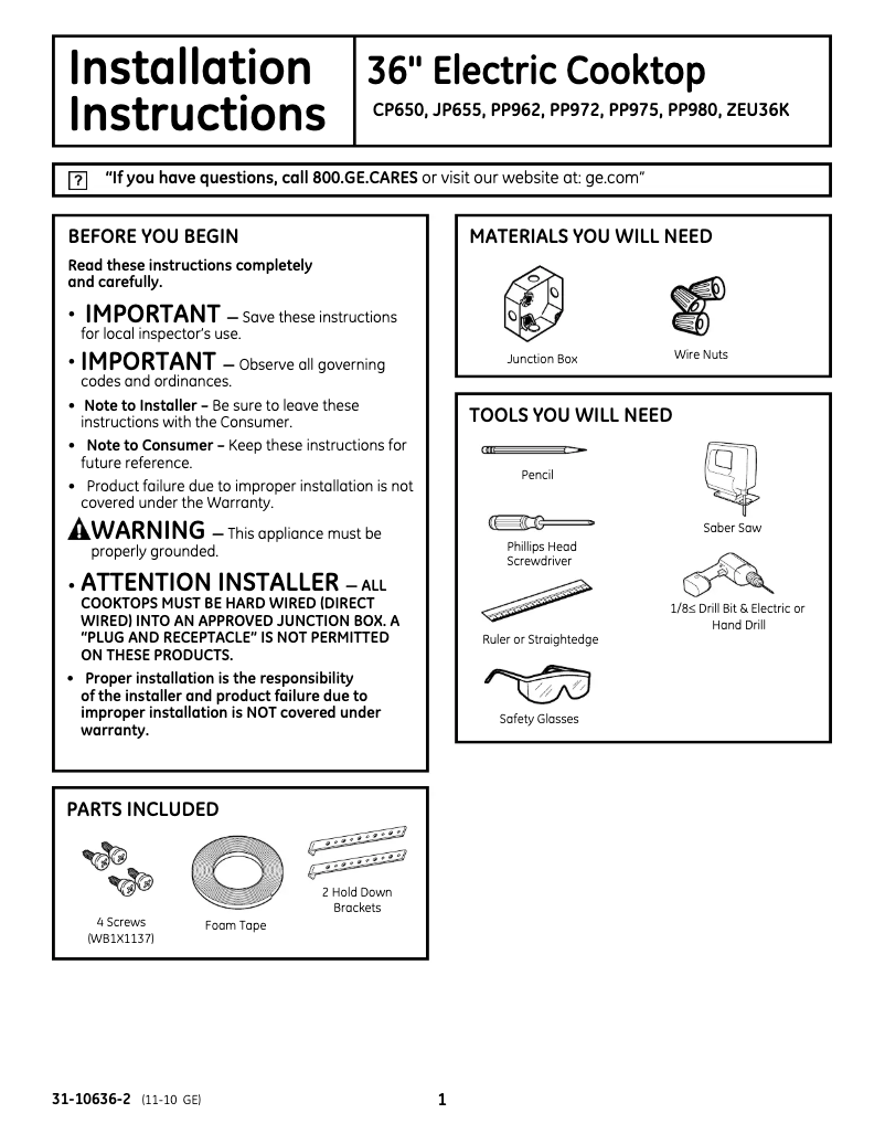 Página 1 del manual Guía de instalación GE Profile PP980WMWW