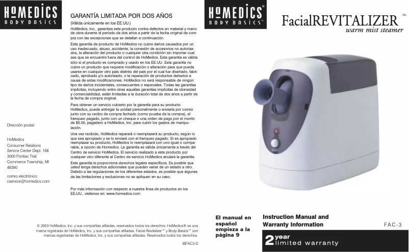 Imagen de la primera página del manual del dispositivo FacialREVITALIZER FAC-3