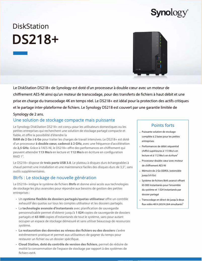 Página 1 del manual Ficha técnica Synology DiskStation DS218+