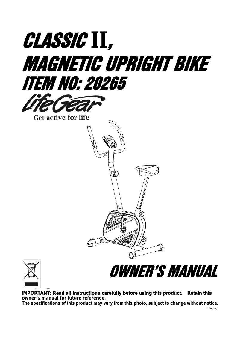 Imagen de la primera página del manual del dispositivo Classic II Magnetic Upright Bike 20265