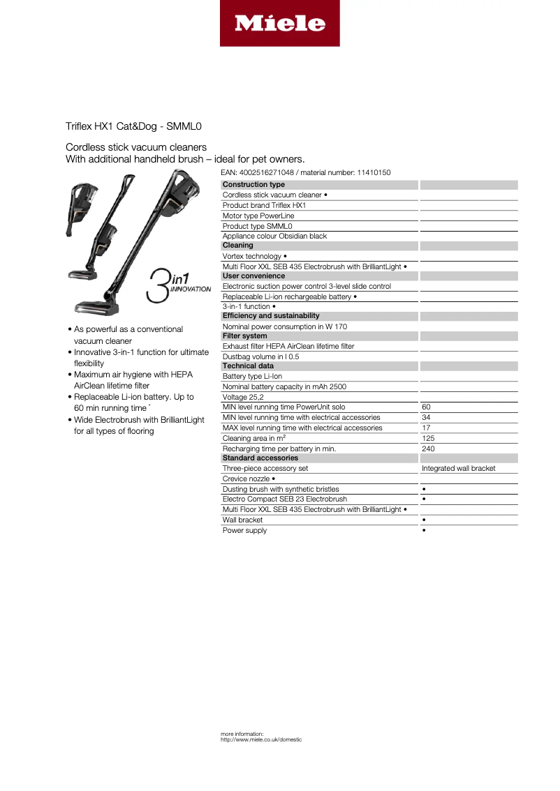 Página 1 del manual Ficha técnica Miele Triflex HX1 Cat & Dog
