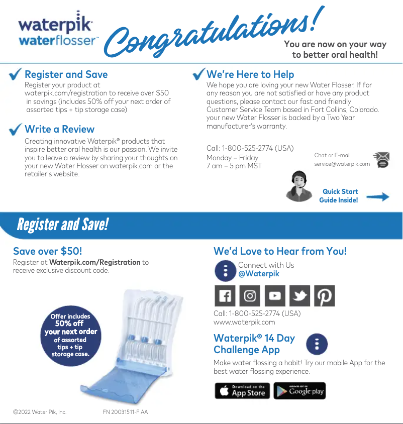 Página 1 del manual Guía de inicio rápido Waterpik WP-450