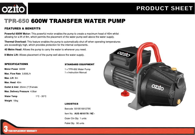 Página nº 1 - Ficha técnica Ozito TRP-650