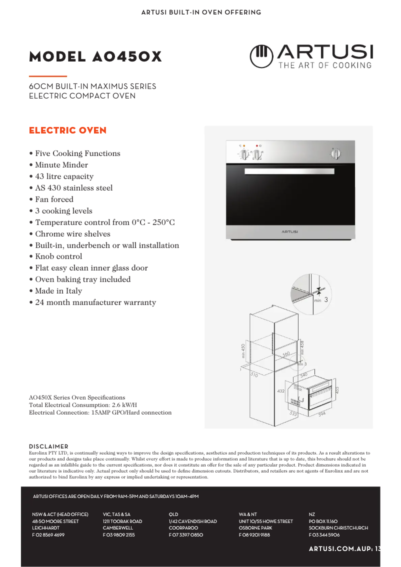 Página 1 del manual Ficha técnica Artusi AO450X