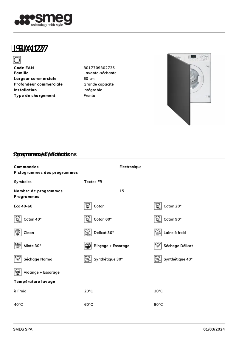 Página 1 del manual Ficha técnica Smeg LSIA127
