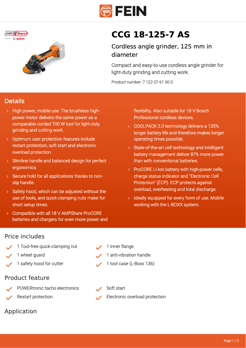 Página 1 del manual Ficha técnica Fein CCG 18-125-7 AS