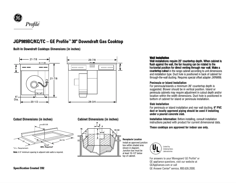Imagen de la primera página del manual del dispositivo Profile JGP989BCBB