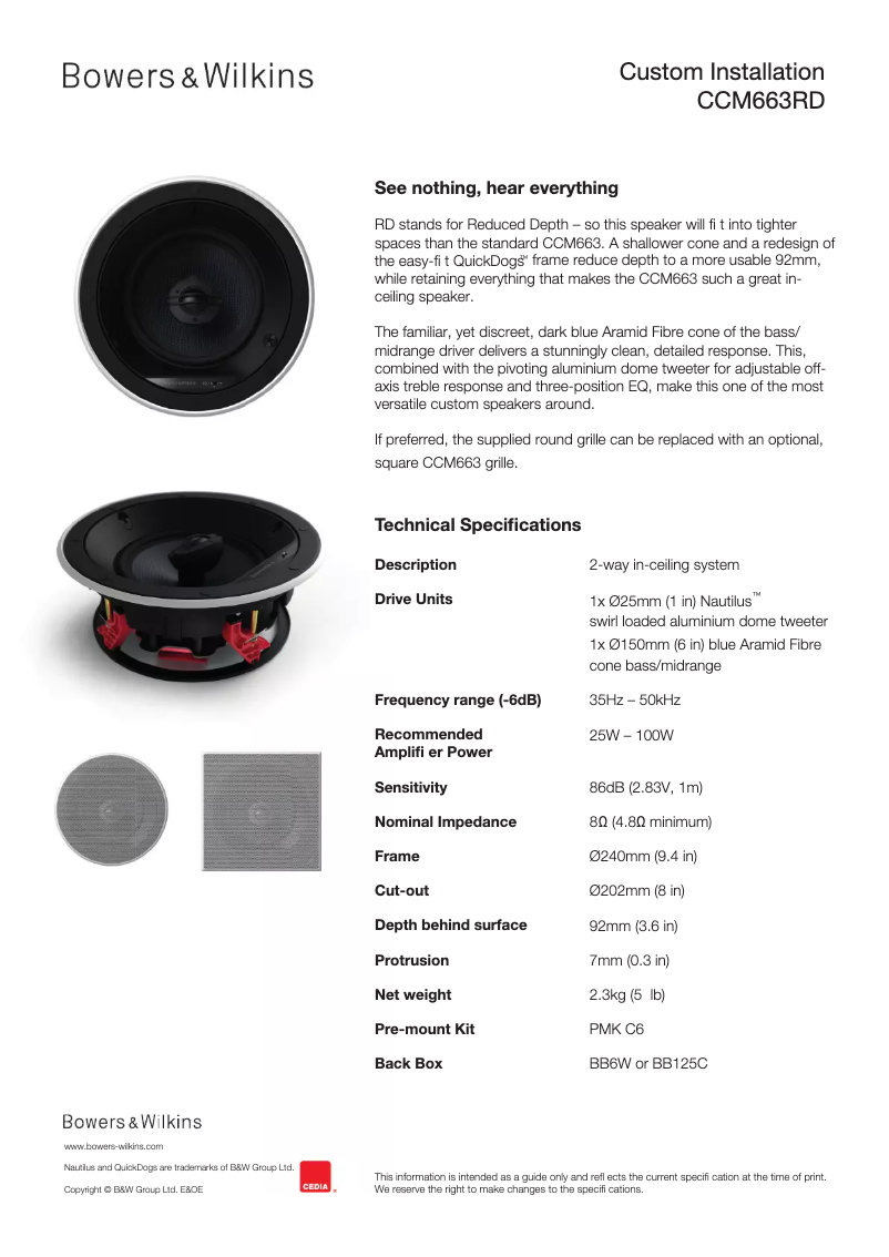 Página 1 del manual Ficha técnica Bowers & Wilkins CCM663