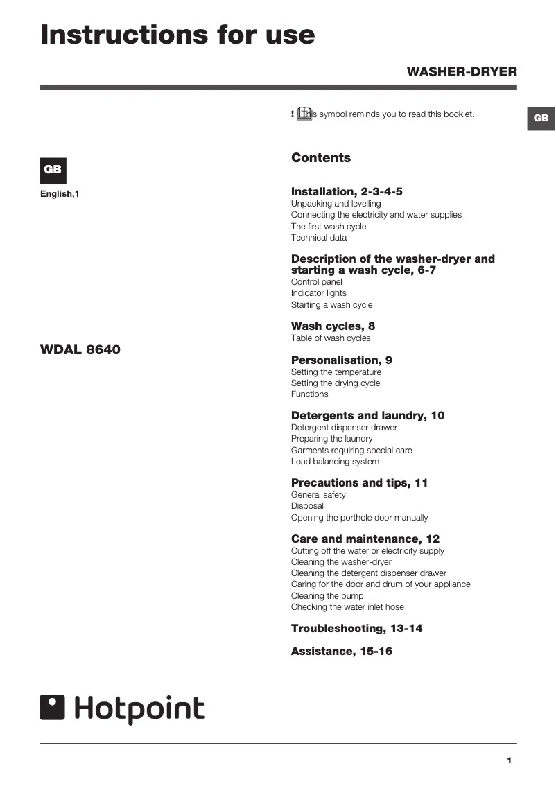Página 1 del manual Manual de usuario Hotpoint WDAL 8640G UK