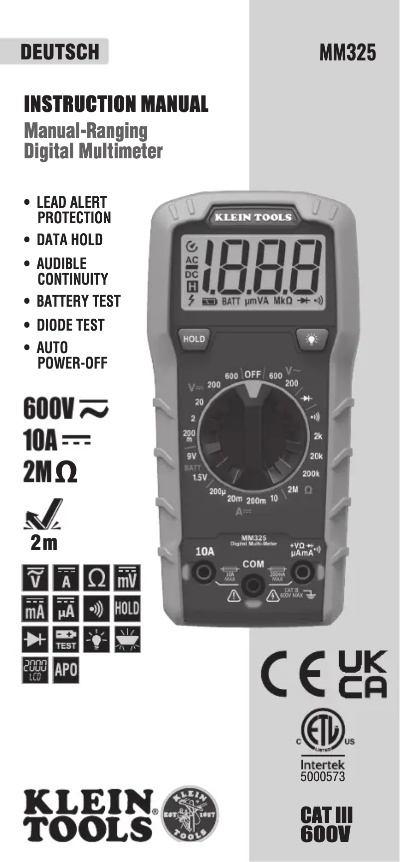 Página 1 del manual Folleto Klein Tools MM325