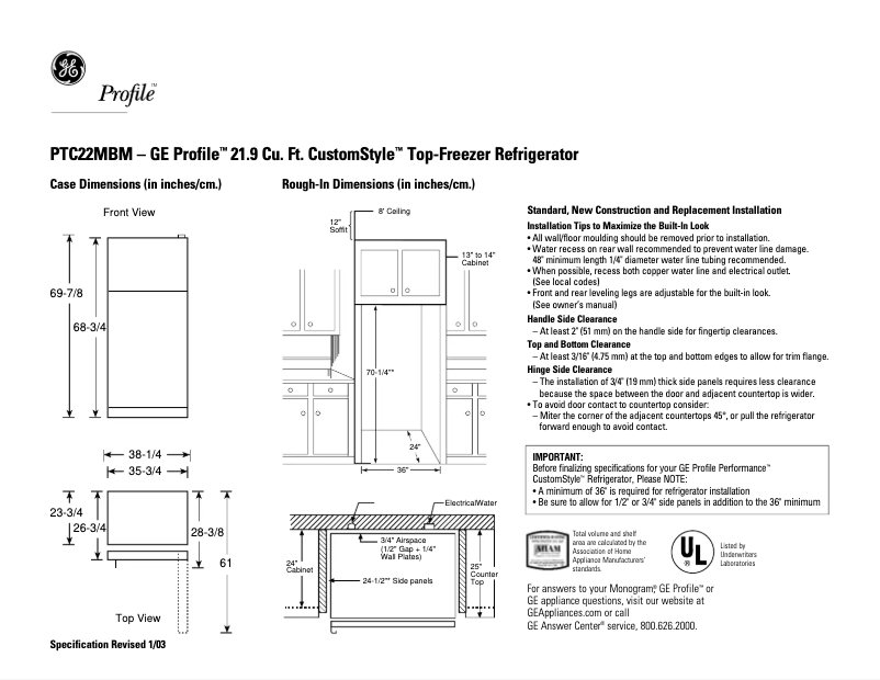 Imagen de la primera página del manual del dispositivo Profile CustomStyle PTC22MBMRWW
