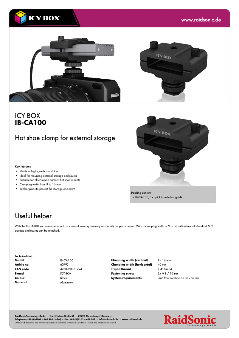 Página 1 del manual Ficha técnica Icy Box IB-CA100