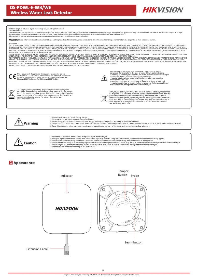 Imagen de la primera página del manual del dispositivo DS-PDWL-E-WE