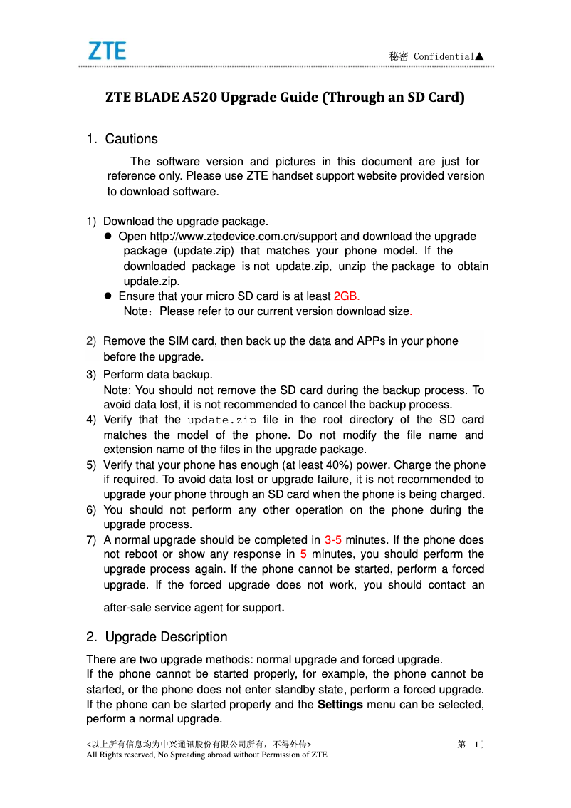 Imagen de la primera página del manual del dispositivo Blade A520