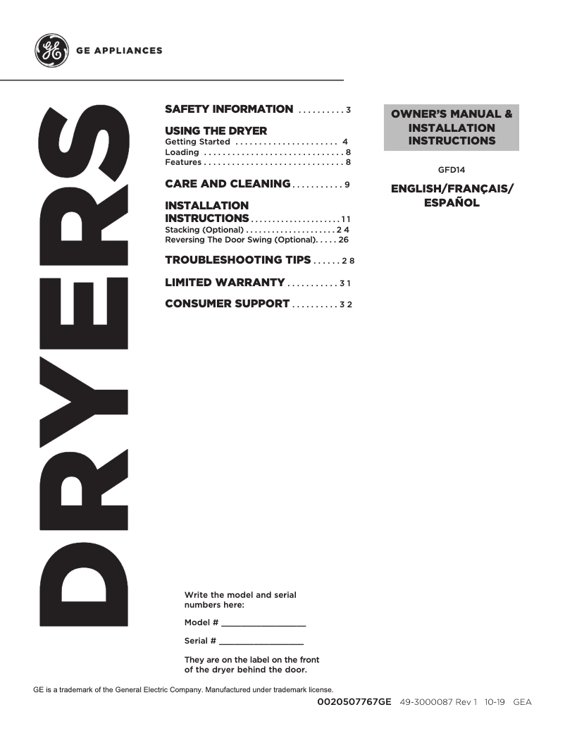 Imagen de la primera página del manual del dispositivo GFD14ESSNWW