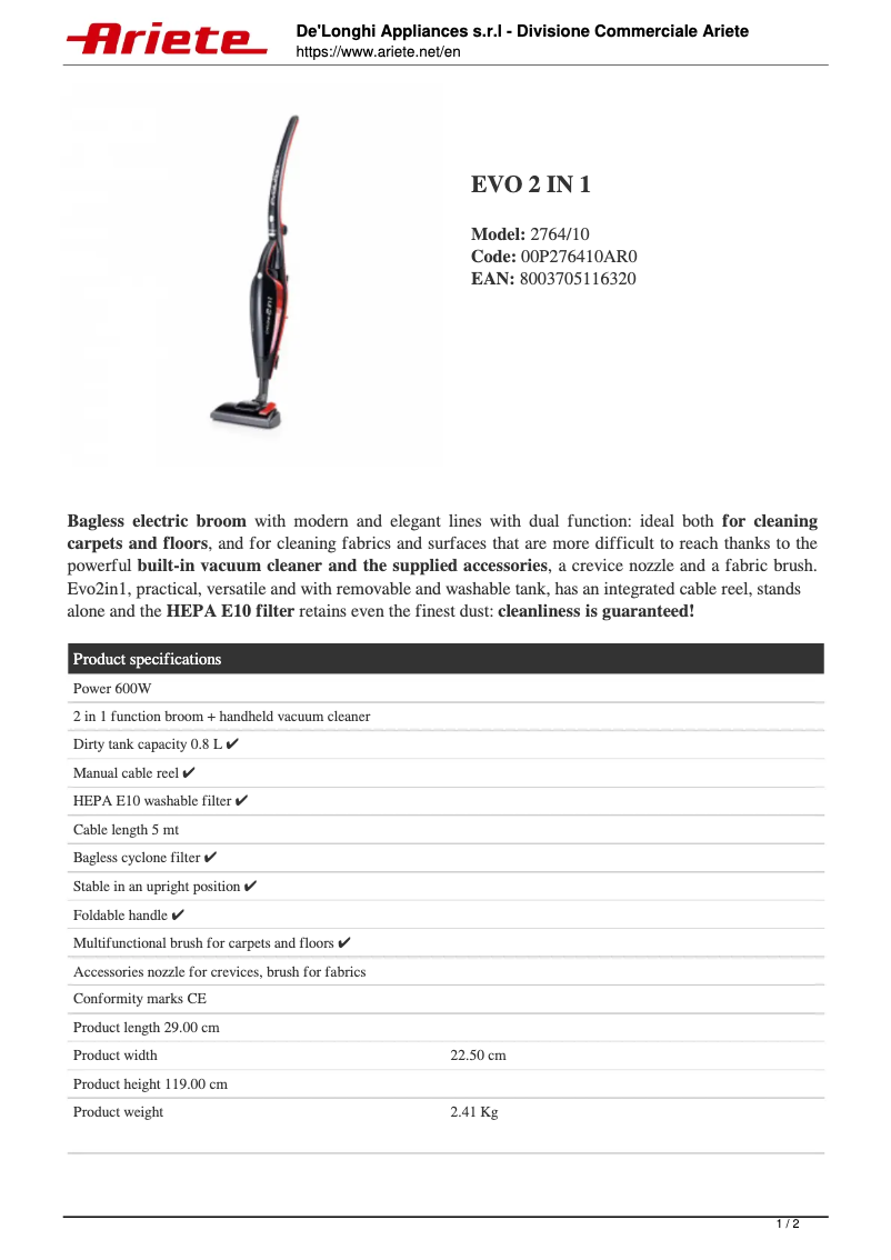 Página 1 del manual Ficha técnica Ariete Evo 2 in 1 2764