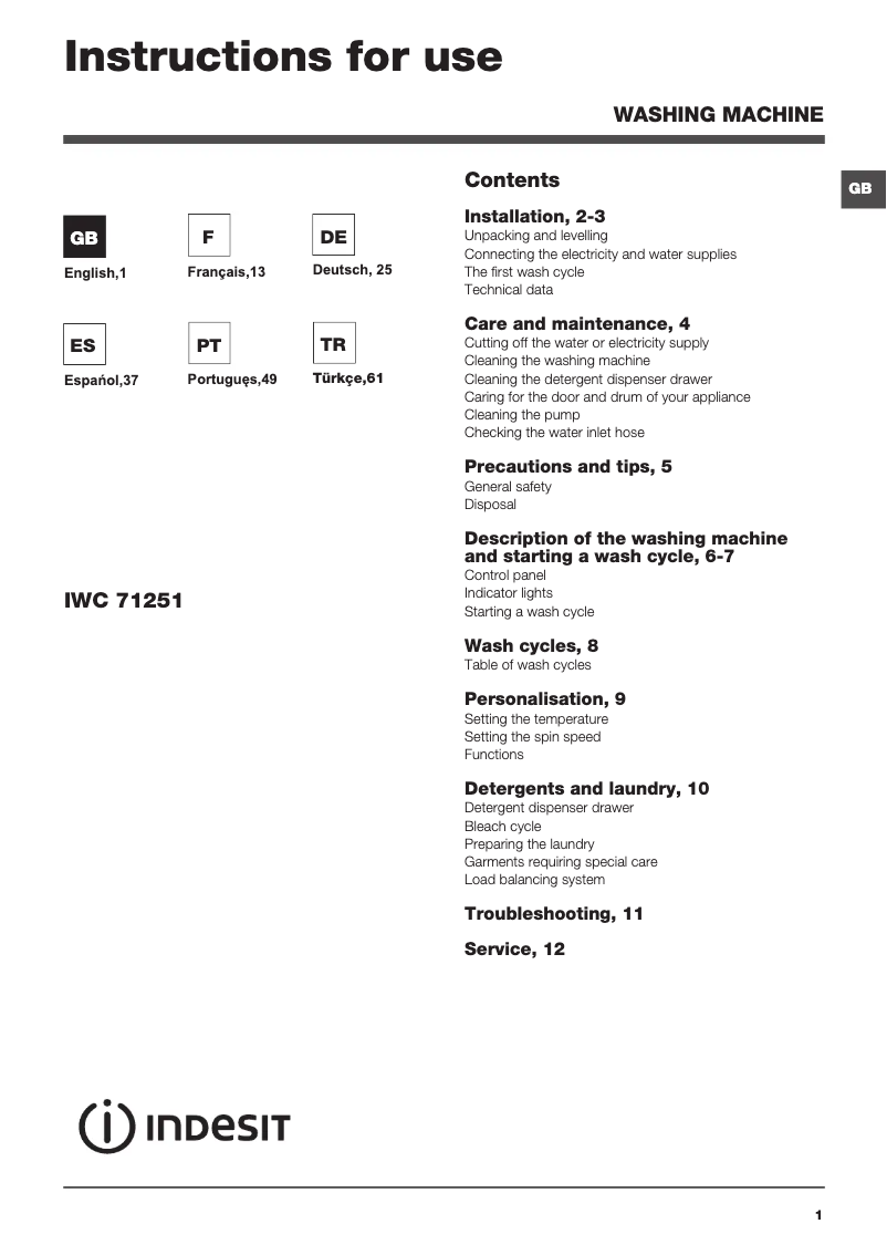 Página 1 del manual Manual de usuario Indesit IWC 71251