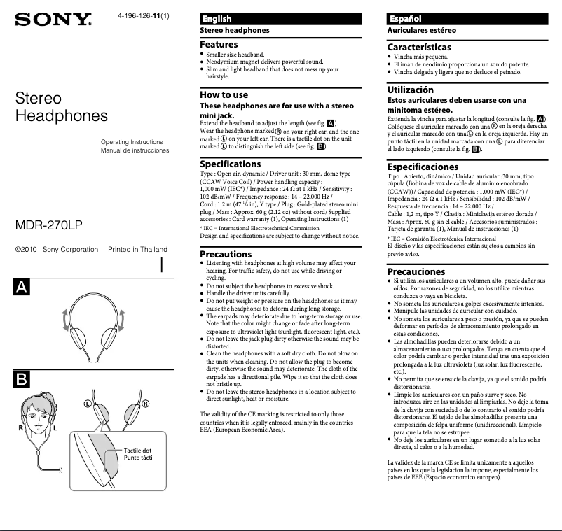 Página 1 del manual Manual de usuario Sony MDR-270LP