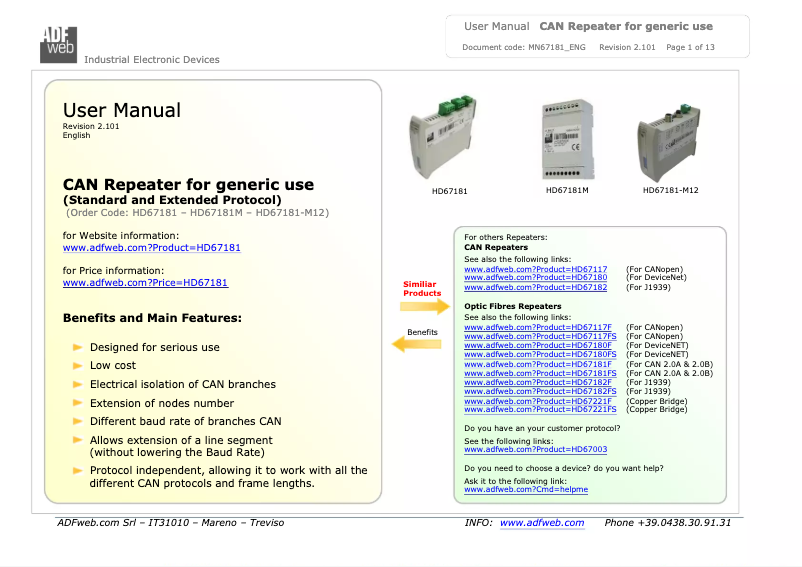 Imagen de la primera página del manual del dispositivo HD67181