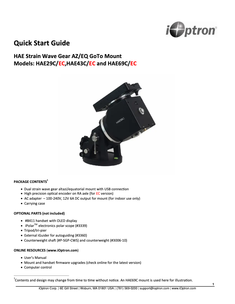 Página 1 del manual Guía de inicio rápido iOptron HAE29C