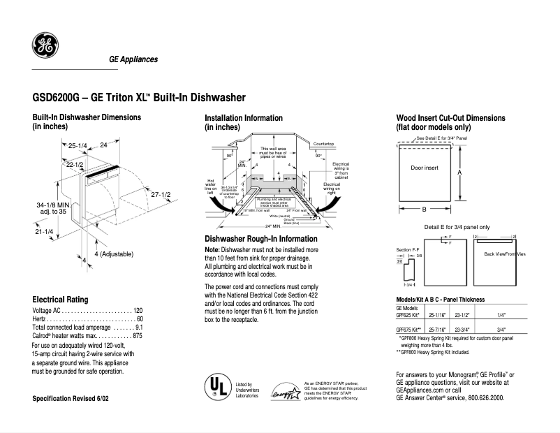 Página 1 del manual Ficha técnica GE GSD6200GWW