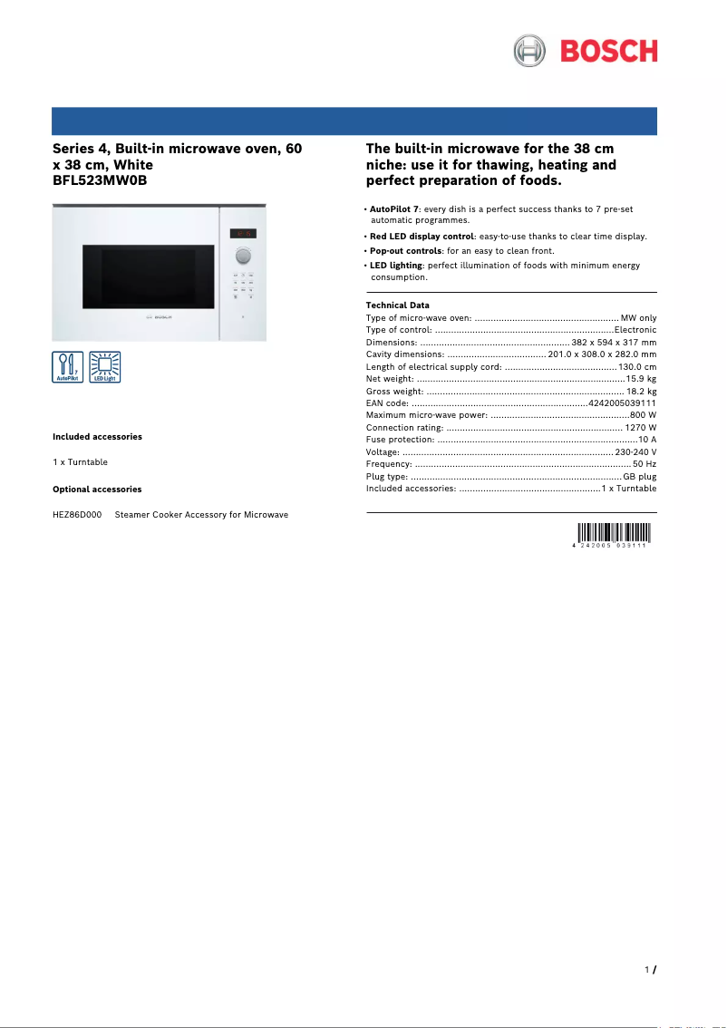 Página nº 1 - Ficha técnica Bosch Serie 4 BFL523MW0B