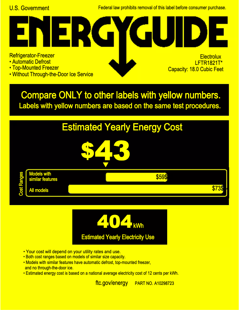 Página 1 del manual Etiqueta energética Frigidaire FFTR1821TW