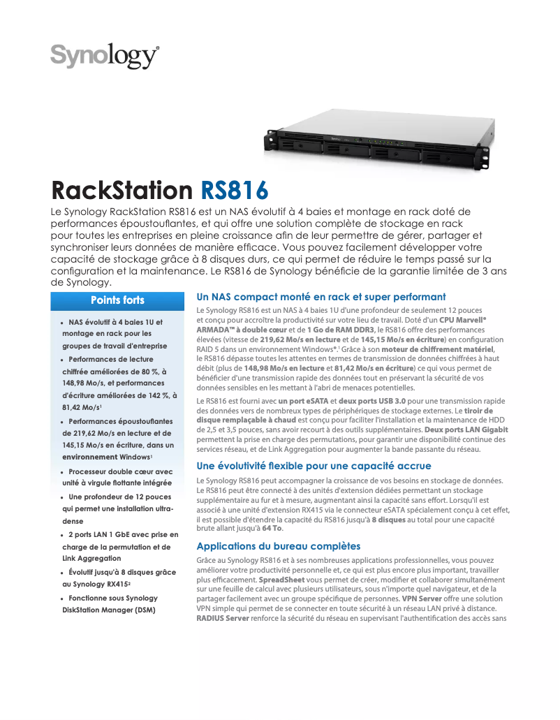 Página 1 del manual Ficha técnica Synology RackStation RS816