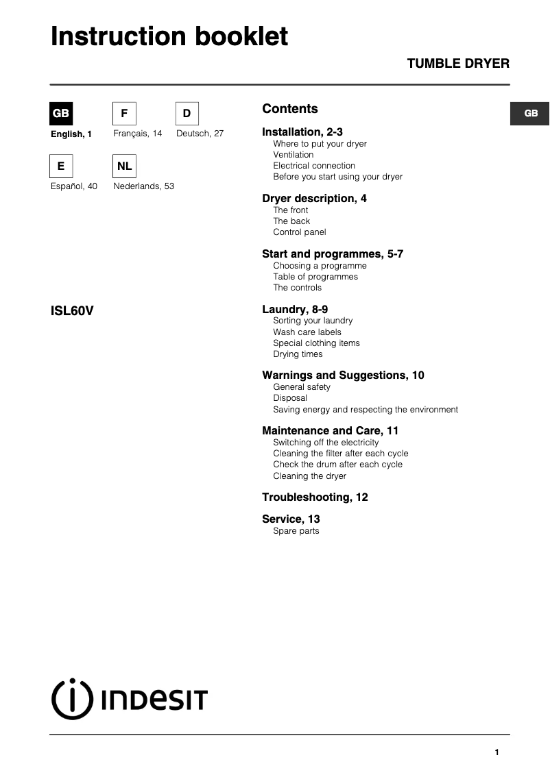 Página 1 del manual Manual de usuario Indesit ISL 60 V