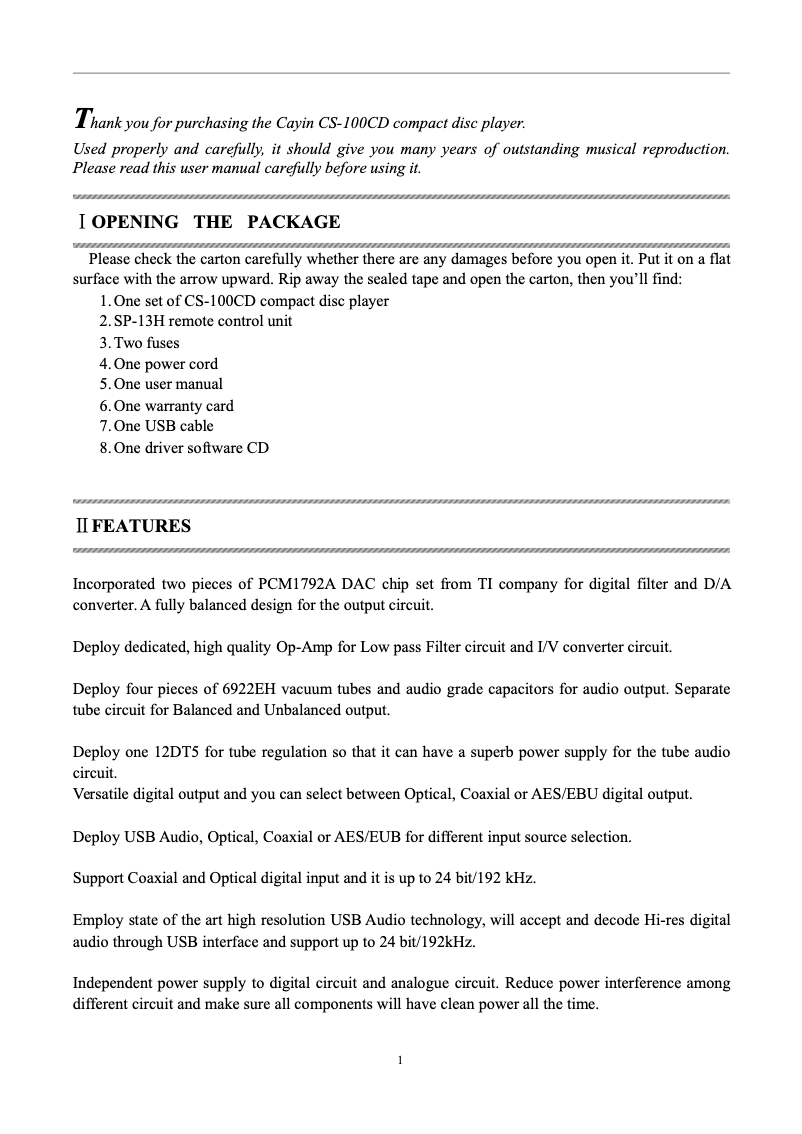 Página nº 1 - Manual de usuario Cayin CS-100CD