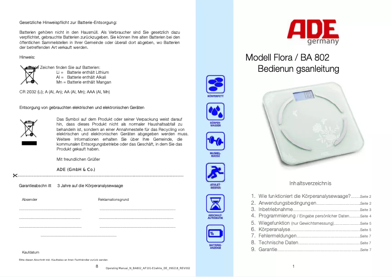 Imagen de la primera página del manual del dispositivo Flora BA 802