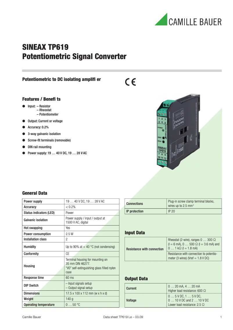 Página 1 del manual Ficha técnica Camille Bauer SINEAX TP619