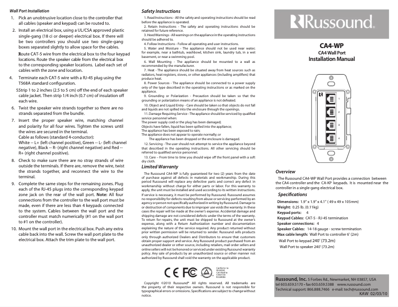 Página 1 del manual Manual de usuario Russound CA4-WP